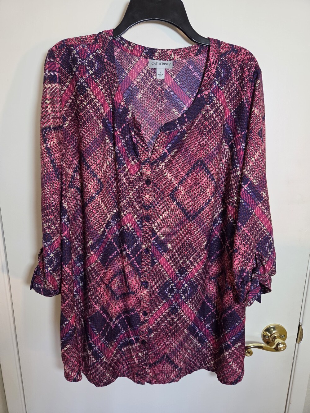 Whimsigoth Earthy Hippie Blouse XL Bias Plaid Pink Berry Button Front 3/4 Sleeve